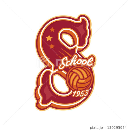 Varsity sport team club patch red letter S, college label. School sport varsity league symbol, volleyball team vector print. College club patch with volleyball ball, retro typography emblem 139295954