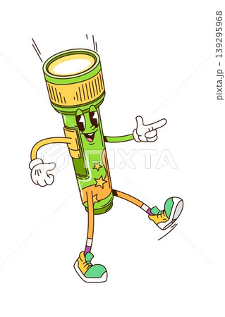 Cartoon groovy flashlight torch funky character with funny face, vector travel or camping object. Groovy flashlight lantern character smiles with cool gesture and good mood walking in hipster shoes Cartoon groovy flashlight torch funky character with funny face, vector travel or camping object. Groovy flashlight lantern character smiles with cool gesture and good mood walking in hipster shoes 139295968