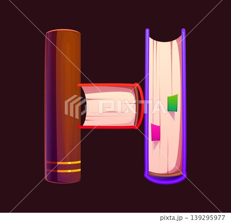 Education book cartoon alphabet font, typeface letter H. Library type element, literature novel typeset vector font symbol. Bookstore bestseller book English alphabet letter Education book cartoon alphabet font, typeface letter H. Library type element, literature novel typeset vector font symbol. Bookstore bestseller book English alphabet letter 139295977