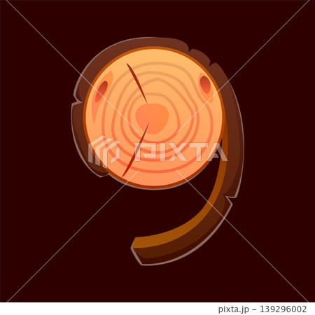Camping font, travel wooden log 9 nine letter typeface, hiking ABC English type alphabet. Camping font vector figure, travel type digit with tree stump bark, log cut wooden cracks and rings texture Camping font, travel wooden log 9 nine letter typeface, hiking ABC English type alphabet. Camping font vector figure, travel type digit with tree stump bark, log cut wooden cracks and rings texture 139296002