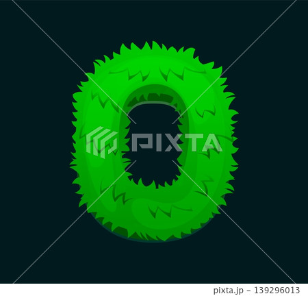 Cartoon soccer field grass font type number 0 zero. Ball game match font numeral symbol, sport game typography vector figure. Soccer league typeface number or european football sport type digit 139296013