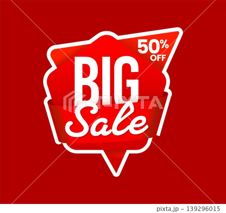 Shop big sale promo tag or discount label. Store sale label, product deal offer vector icon. Shop discount sticker or seasonal price off tag with red color pentagon shape, ribbon and typography 139296015