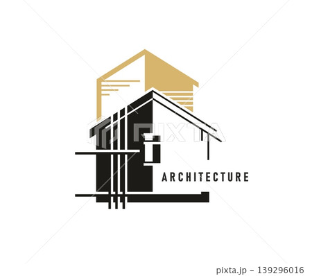 Building construction and repair icon, architecture service sign. Architecture project agency vector sign, building construction icon. Renovation business emblem with black and golden abstract house 139296016