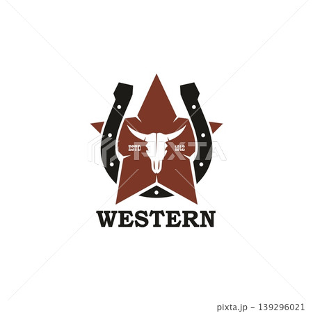 Western and Wild West rodeo icon or badge. American sheriff symbol, US history isolated vector emblem. Texas Western sign or USA Wild West icon with horseshoe, bull skull and five point star Western and Wild West rodeo icon or badge. American sheriff symbol, US history isolated vector emblem. Texas Western sign or USA Wild West icon with horseshoe, bull skull and five point star 139296021