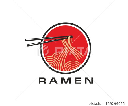 Asian ramen noodles bowl and oriental restaurant icon. Japanese food vector emblem, Asian cuisine cafe menu round icon. Ramen meal symbol with chopsticks holding noodles, red background and text 139296033