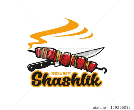 Shashlik BBQ food restaurant icon or label. Roasted meat BBQ cafe badge, skewer kebab restaurant vector symbol. Grilled shashlik emblem or icon with kitchen knife, meat on skewer and typography Shashlik BBQ food restaurant icon or label. Roasted meat BBQ cafe badge, skewer kebab restaurant vector symbol. Grilled shashlik emblem or icon with kitchen knife, meat on skewer and typography 139296035