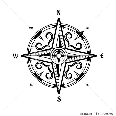 Vintage geography map compass rose sign. Medieval pirate treasure discovery era monochrome direction symbol, antique geographic cartography wind rose. Vintage historical map isolated compass 139296060