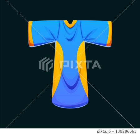 Cartoon soccer player t-shit alphabet font letter T. Soccer league typeset element, sport game type vector sign. European football match English alphabet letter or ball game sport font symbol 139296063