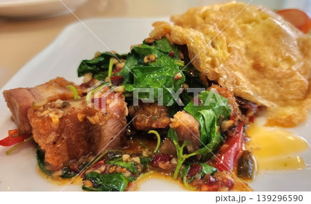 Thai Stir-fried Crispy Pork Belly with Holy Basil and Omelet - Pad Kra Pao Moo Krob Thai Stir-fried Crispy Pork Belly with Holy Basil and Omelet - Pad Kra Pao Moo Krob 139296590