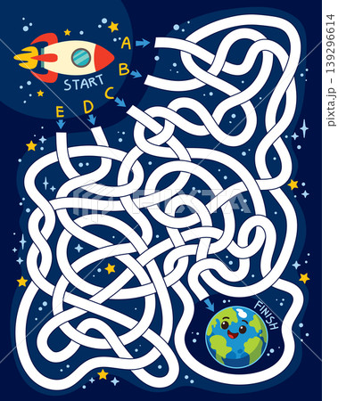 Space maze puzzle for children where kids help a rocket reach Earth Space maze puzzle for children where kids help a rocket reach Earth 139296614
