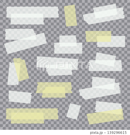 Set of realistic adhesive tape strips in various shapes and colors, isolated on transparent background Set of realistic adhesive tape strips in various shapes and colors, isolated on transparent background 139296615