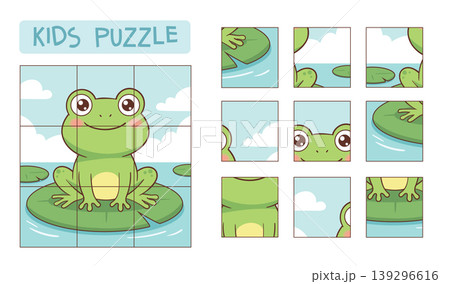 Educational kids puzzle with a cute frog divided into pieces 139296616