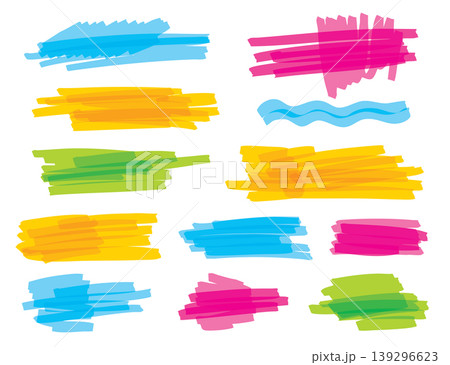 Bright colorful marker strokes set, hand-drawn abstract brush lines and scribbles 139296623