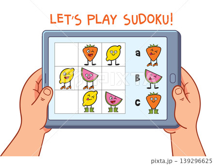 Cute kids sudoku puzzle with funny fruit characters on a tablet screen Cute kids sudoku puzzle with funny fruit characters on a tablet screen 139296625
