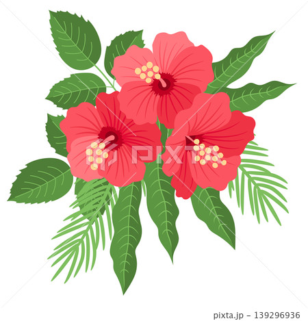 Flower bouquet with Hibiscus, Palm and Mango Leaves. Traditional Indian flower garlandFlower bouquet with Hibiscus, Palm and Mango Leaves. Traditional Indian flower garland 139296936