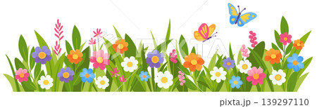 Spring meadow flower and grass. Floral border with leaves and hand drawn blooming flowers Spring meadow flower and grass. Floral border with leaves and hand drawn blooming flowers 139297110