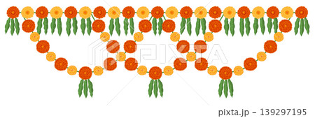 Traditional Indian flower garland with marigold flowers and mango leaves. Decoration for Indian Hindu holidays or weddings 139297195
