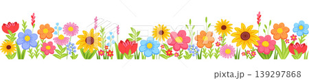 Horizontal seamless floral border with blooming flowers and leaves. Spring and summer botanical border. Horizontal seamless floral border with blooming flowers and leaves. Spring and summer botanical border. 139297868