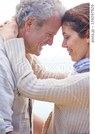 Couple, face and laughing in nature with hug for romance, love and relationship outdoor with date. Mature, man and woman or embrace with happy, marriage and joyful for bonding, honeymoon and support Couple, face and laughing in nature with hug for romance, love and relationship outdoor with date. Mature, man and woman or embrace with happy, marriage and joyful for bonding, honeymoon and support 139297929