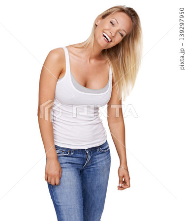 Laugh, studio portrait and woman with fashion, casual style and relax in trendy jeans and clothes. Smile, funny joke and fashionable female model isolated on white background in tank top with humor 139297950