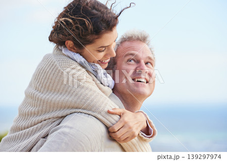 Mature couple, happy and outdoor on vacation, travelling and weekend for enjoying holiday. Man, woman and bonding together with smile, marriage and commitment with affection, blue skies and joyful Mature couple, happy and outdoor on vacation, travelling and weekend for enjoying holiday. Man, woman and bonding together with smile, marriage and commitment with affection, blue skies and joyful 139297974