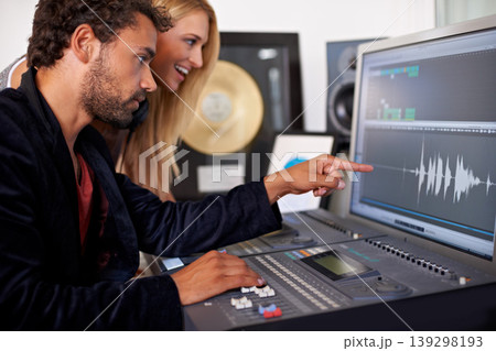 Sound engineer, DJ and recording studio monitoring on music, radio and audio with tech and staff. Producer, media edit and professional employee with synthesizer and happy from podcast industry 139298193