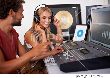 Sound engineer, DJ listening and recording studio working on music, radio and audio with tech and staff. Producer, media and professional employee with synthesizer and happy from podcast industry 139298268