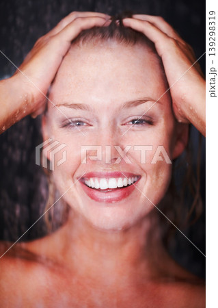 Woman, happy or shower for relax in portrait, health wellness or water for washing in bathroom. Young, face and skincare for grooming with cleaning body and self care for beauty in apartment Woman, happy or shower for relax in portrait, health wellness or water for washing in bathroom. Young, face and skincare for grooming with cleaning body and self care for beauty in apartment 139298319