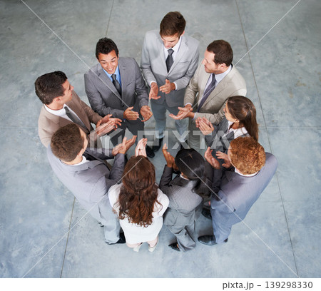 Circle, applause or professional people celebrate, praise or congratulations for success, achievement or promotion. Motivation, top view group or teamwork celebration, clapping or winner announcement Circle, applause or professional people celebrate, praise or congratulations for success, achievement or promotion. Motivation, top view group or teamwork celebration, clapping or winner announcement 139298330