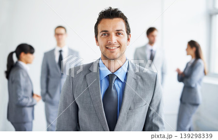 Team leader, corporate and portrait man, happy manager or group planning company enterprise, management or leadership. CEO trust, community meeting and boss happy for professional agency corporation Team leader, corporate and portrait man, happy manager or group planning company enterprise, management or leadership. CEO trust, community meeting and boss happy for professional agency corporation 139298339