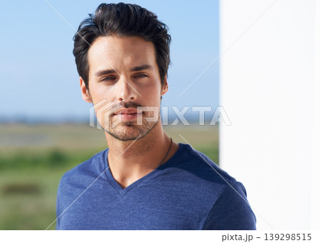 Thinking, calm man and outdoor in the sun with idea and model with memory and modern style. Summer, patio and contemplating with a relax male person from California in the sunshine with confidence Thinking, calm man and outdoor in the sun with idea and model with memory and modern style. Summer, patio and contemplating with a relax male person from California in the sunshine with confidence 139298515