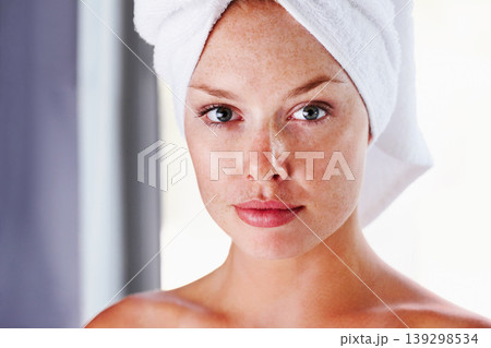 Woman, portrait and shower for routine, towel and cleaning hygiene with beauty. Skincare, body wellness and head dermatology with face, female model and home bathroom for grooming and cosmetics Woman, portrait and shower for routine, towel and cleaning hygiene with beauty. Skincare, body wellness and head dermatology with face, female model and home bathroom for grooming and cosmetics 139298534