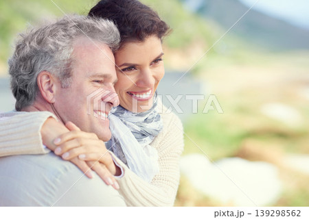 Couple, face and smile outdoor with hug for romance, love and relationship in nature with comfort. Mature, man and woman or embrace with happy, relax and peace for bonding, honeymoon and support Couple, face and smile outdoor with hug for romance, love and relationship in nature with comfort. Mature, man and woman or embrace with happy, relax and peace for bonding, honeymoon and support 139298562