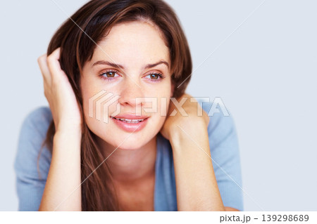 Relax, thinking and face of woman on bed for sleeping, dreaming and comfortable at home. Reflection, thoughtful and person in bedroom resting, nap and wonder for health, wellness and calm in morning Relax, thinking and face of woman on bed for sleeping, dreaming and comfortable at home. Reflection, thoughtful and person in bedroom resting, nap and wonder for health, wellness and calm in morning 139298689