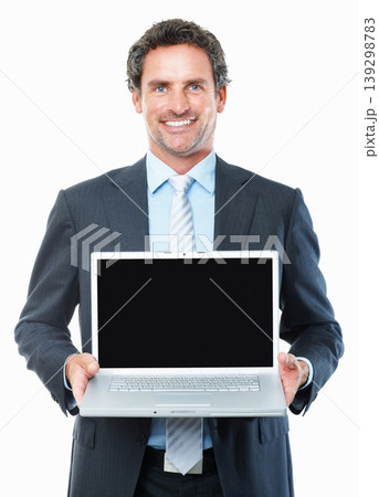 Business man, laptop screen and mockup for advertising website, stock market sign up or presentation in studio. Portrait of mature trader, computer space or trading registration on a white background 139298783