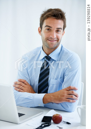 Businessman, confidence and smile in portrait, laptop and internet for connection, networking and email. Male person, strategy and pride in career, happy and technology for online research or face 139298814