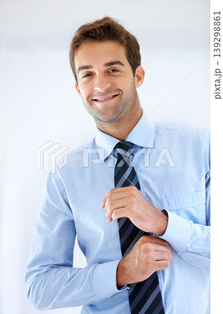 Businessman, portrait and happy or dressing with shirt, professional or employee at corporate job. Entrepreneur, face and person for smile, confidence and pride with calm expression or hands at work Businessman, portrait and happy or dressing with shirt, professional or employee at corporate job. Entrepreneur, face and person for smile, confidence and pride with calm expression or hands at work 139298861