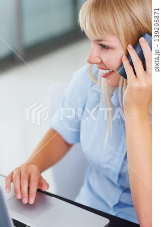 Phone call, business and woman with laptop, office and connection with communication, network and internet. Person, employee and entrepreneur with a pc, smartphone and digital app with website info Phone call, business and woman with laptop, office and connection with communication, network and internet. Person, employee and entrepreneur with a pc, smartphone and digital app with website info 139298871