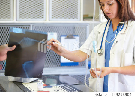 Woman, veterinarian and doctor with xray at animal shelter for examination, tests or diagnosis on injury at vet. Female person, nurse or medical pet professional receiving CT scan or MRI at clinic 139298904
