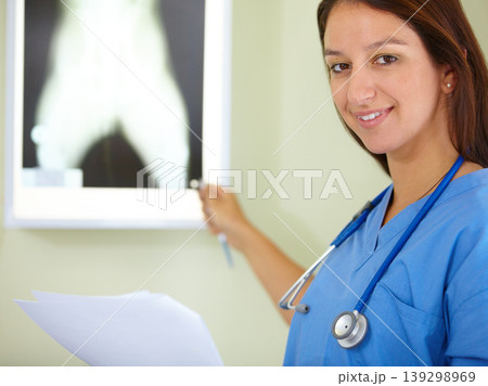 Happy woman, portrait and veterinarian doctor with xray of animal for examination, tests or diagnosis on injury at vet. Female person, nurse or medical pet professional with CT scan or MRI at clinic Happy woman, portrait and veterinarian doctor with xray of animal for examination, tests or diagnosis on injury at vet. Female person, nurse or medical pet professional with CT scan or MRI at clinic 139298969