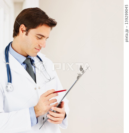 Man, doctor and clipboard for prescription, research or checklist for medical history at hospital. Male person, surgeon or professional checking diagnosis, appointment or life insurance at clinic Man, doctor and clipboard for prescription, research or checklist for medical history at hospital. Male person, surgeon or professional checking diagnosis, appointment or life insurance at clinic 139299045