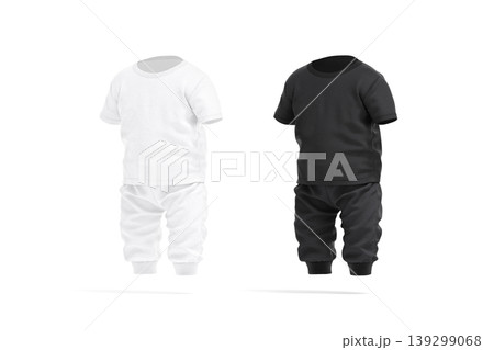 Blank black and white baby suit mock up png, side view, transparent background, 3d rendering. Empty jumpsuit with t shirt and joggers mockup cut out. Clear jersey pajamas or overalls for kid template. 139299068