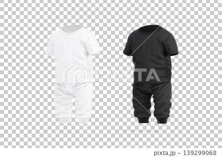 Blank black and white baby suit mock up png, side view, transparent background, 3d rendering. Empty jumpsuit with t shirt and joggers mockup cut out. Clear jersey pajamas or overalls for kid template. 139299068
