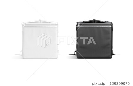 Blank black and white delivery bag mockup png, front view, transparent background, 3d rendering. Empty fastfood packaging or case mock up cut out. Takeout thermo box for pizza delivering template. Blank black and white delivery bag mockup png, front view, transparent background, 3d rendering. Empty fastfood packaging or case mock up cut out. Takeout thermo box for pizza delivering template. 139299070