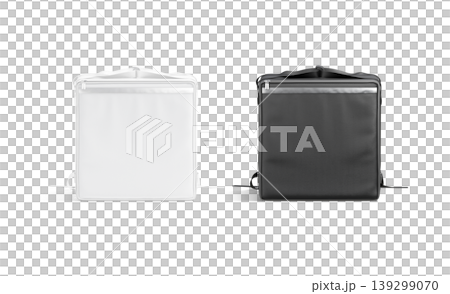 Blank black and white delivery bag mockup png, front view, transparent background, 3d rendering. Empty fastfood packaging or case mock up cut out. Takeout thermo box for pizza delivering template. 139299070