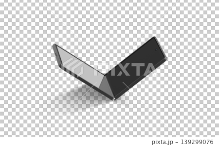 Blank black flexible chamshell phone display half folded mockup png, transparent background,3d rendering. Empty flexibility touchscreen innovation mock up cut out. Clear digital folded book telephone. Blank black flexible chamshell phone display half folded mockup png, transparent background,3d rendering. Empty flexibility touchscreen innovation mock up cut out. Clear digital folded book telephone. 139299076