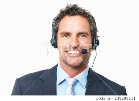 Consultant, call center portrait and happy communication, customer service or support on a white background. Face of a professional agent, business man or mature advisor for FAQ or contact in studio 139299111