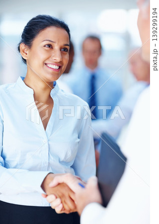 Business woman, handshake and meeting, consulting or introduction with welcome, partnership or hello. Happy professional people, financial advisor and clients shaking hands with support or thank you Business woman, handshake and meeting, consulting or introduction with welcome, partnership or hello. Happy professional people, financial advisor and clients shaking hands with support or thank you 139299194