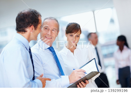 Business people, meeting and group with brainstorming, teamwork and planning with documents, speaking and support. Staff, manager and employees with paperwork, collaboration or cooperation with ideas 139299196