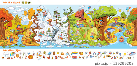Colorful children hidden object puzzle featuring four seasons in one panoramic scene Colorful children hidden object puzzle featuring four seasons in one panoramic scene 139299208